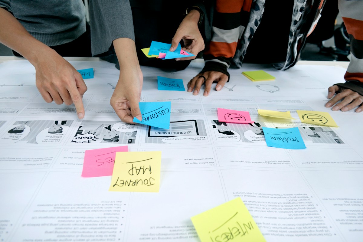 Hands arranging sticky notes on a printed customer journey map